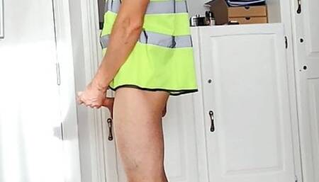 Handjob, stripping and posing in a vest