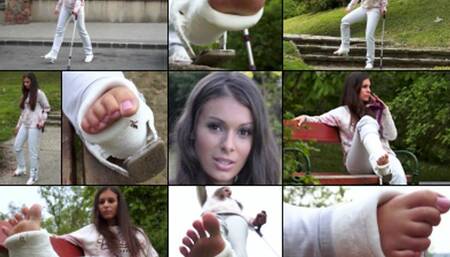 Lia Term SLWC with Heel Bar Cane Gimp in the Park While Airing Out Her Cute Toes