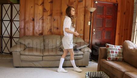 Gina in Khaki Shorts, Knee Socks & Keds