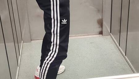 Risky jerk off in a public elevator