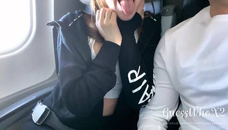 Horny teen strokes & sucks dick on airplane, swallows cum! Risky public BJ