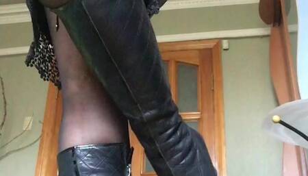 Femdom with leather boot crushing lover who is submissive and love to be dominated and crushed by classy boss lady