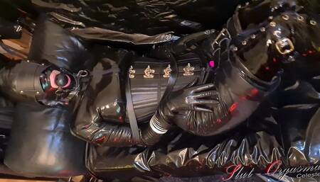 SLAVE SLUT-ORGASMA CELESTE BOUND IN BLACK LATEX AND LEATHER, GREAT ORGASM
