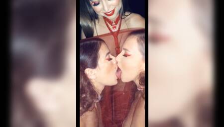 Riley Reid red latex dominatrix w/ two slutty slaves