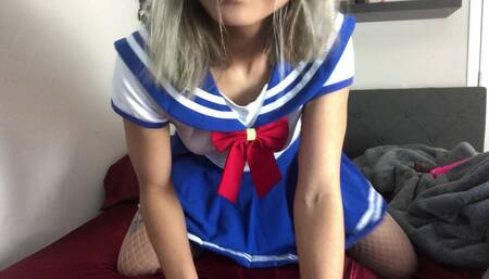 Striptease with fishnets then cumming on my dildo
