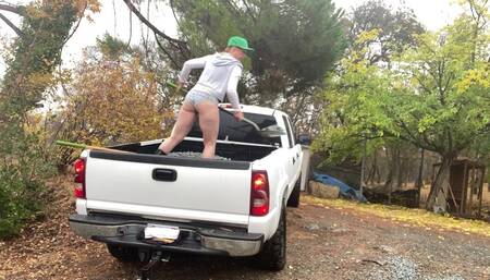 ????hot,wet,naked milf shoveling gravel outside????