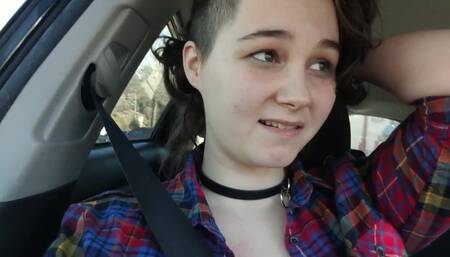 Cock-Starved Nerdy Nympho Hides Vibrator In Panties, Pulls Out Tits While Driving