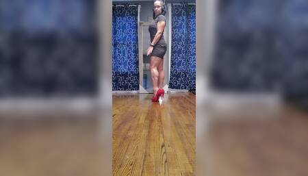 Red heels black stripe dress