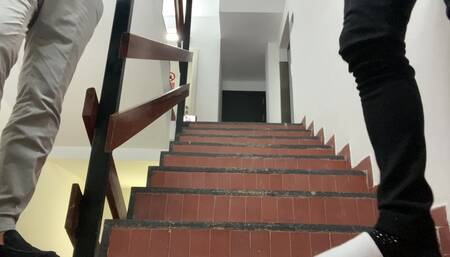 Daddy fucks the shit out of boy on the stairs in public