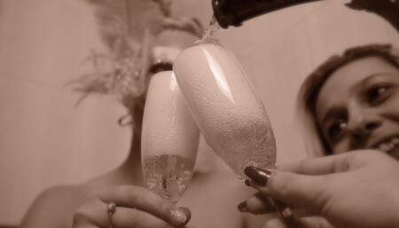 Three naked girls with champagne in the bathtub... That means trouble!!!!!!????????