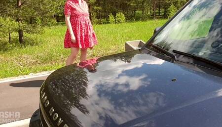 Highway blowjob at forest in the car for money. Horny slut, cum in mouth CLOSE-UP PoV