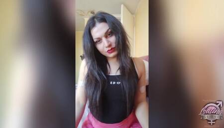 Freaky tranny teen Canela loves to lick cum out of condoms while jerking off and cum