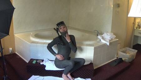 Frogwoman Dallas Plays in the Pool and With Herself in Full Rubber with Her Inner Tube