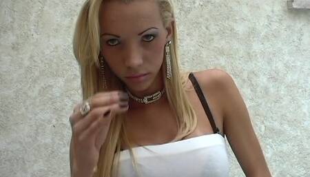 Blonde tgirl pornstar Renata Davila masturbating, dildo insertions and cum on belly