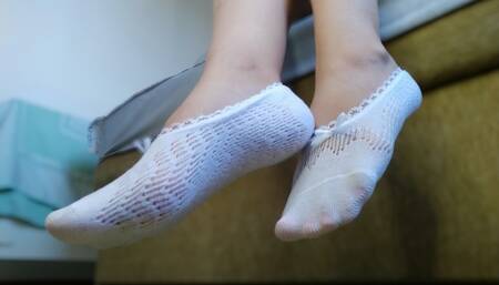Blowjob - footjob with lacy white short socks