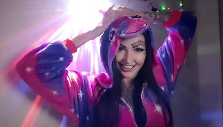 Dominatrix Nika in unicorn pajamas will tell and show you on her horn how you will jerk off today. Handjob instruction.