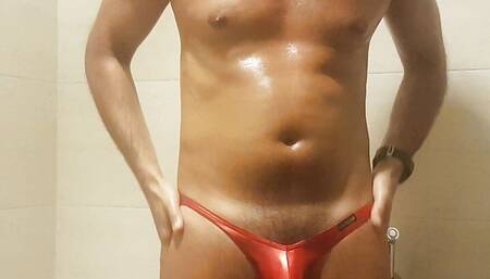 Oiled up masturbation briefs tryout in the bathroom
