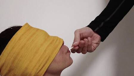 Guess the taste game. Blindfolded tastes lollipop, dick and cum in one meal.