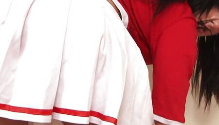 Brunette girl gets her busty body naked after school