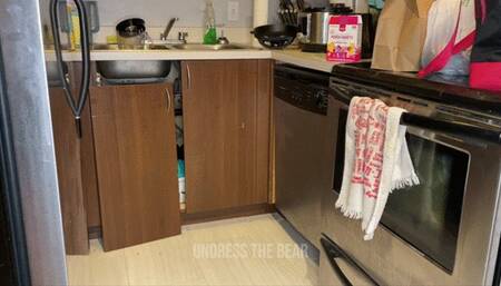 Sexy Bear Unpacks Groceries in Gay Underwear Thong