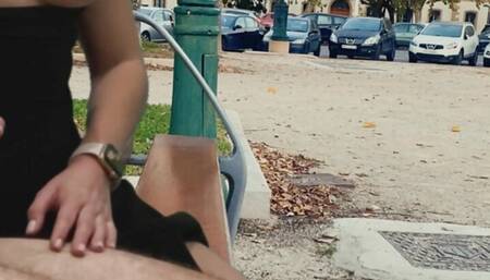 Caught Jerking Off Strangers Dick in a Public Park and Quick Creampie