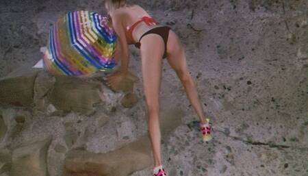 Alla inflates a big rare beach ball on the night beach with her mouth and plays with it!!!