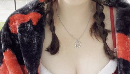 Goddess D Smoking Marlboro Outside in Santa Bra