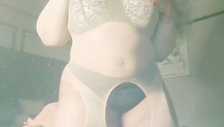 Cream fishnet catsuit tease and joi