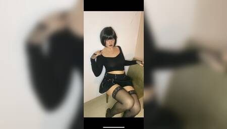 horny shy 20 year old goth girl in stockings teasing and fingering