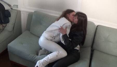 Leathered Up Biker Chicks, Fitness Model Lora and Chain Smoker Destiny, Make Out on the Couch, Version 1