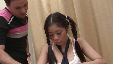 A study break with the Asian with brunette pigtails involves