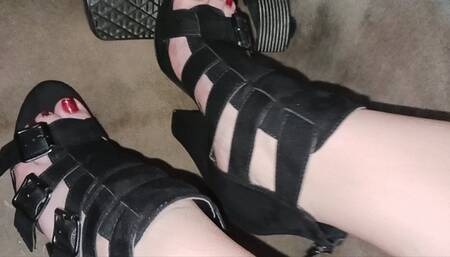 Driving the Benz in black strappy platform high heels