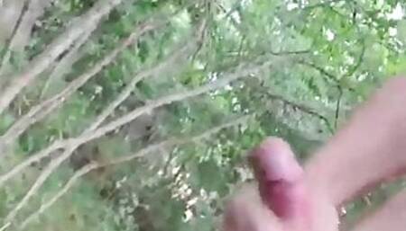 Horny guy jerking and cumming in public forest