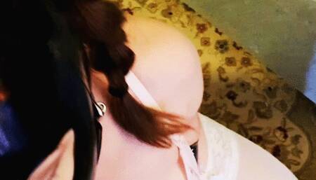 Latex hood blowjob while Kneeling on Doxy Vibrator
