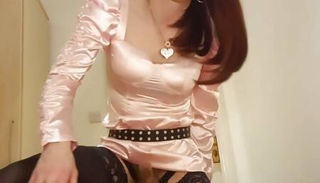 jess silk riding dildo in long sleeve pink satin dress and black jacket with red wig