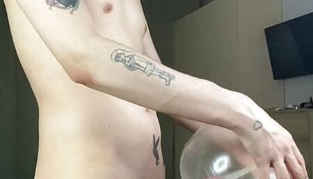 18 year old horny virgin made himself a masturbator from a condom and fucks him hard until he cums