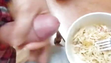 Handjob & cumshot at pasta plate and eat it