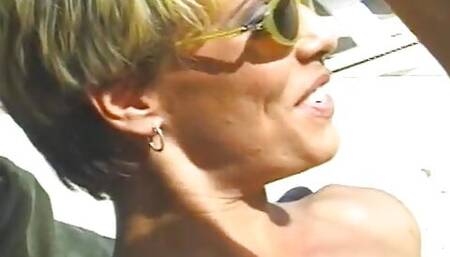 Hot babes outside by the pool sucking cock and getting pussy eaten