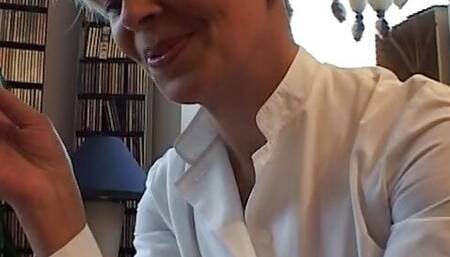 Old and horny German blonde playing with her hairy pussy