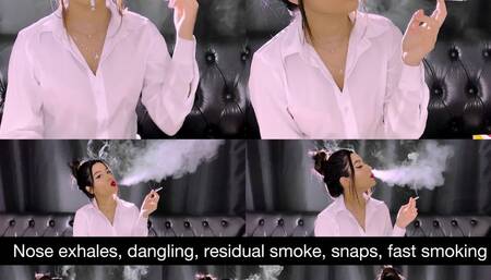 White shirt, hair up, red lips, marlboro red, nose exhales, simultaneous exhales, dangling, snaps, multi pumps, residual exhales and more!