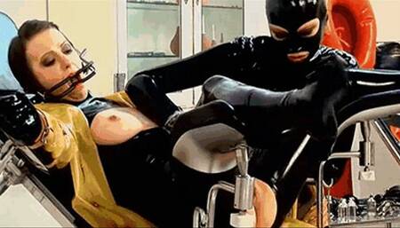 Rubber bondage slave and the latex queen - Part 1 of 2 - Piss game, mouth spreader and tits pump