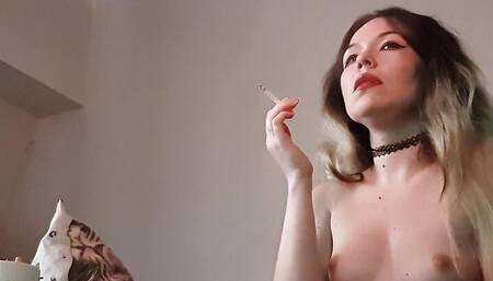 wife smokes cigarette bare chest