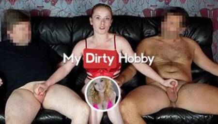 Threesome that ends in 2 huge cumshots for horny blonde