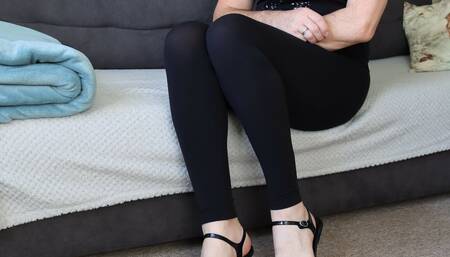 Crossdresser sexy legs and ass in leggings, bare feet in gorgeous sandals.