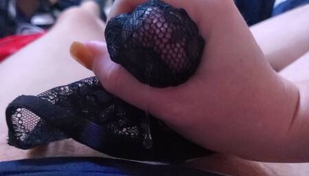 Dirty talk while I give his cock a handjob with my sexy boy style lacy panties until he drips a huge drop of precum.