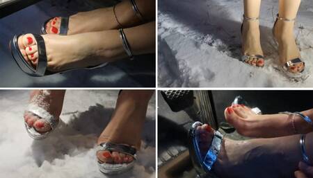 EXCLUSIVE: Sexy barefoot girl in high heel sandals on snow; frozen feet and toes