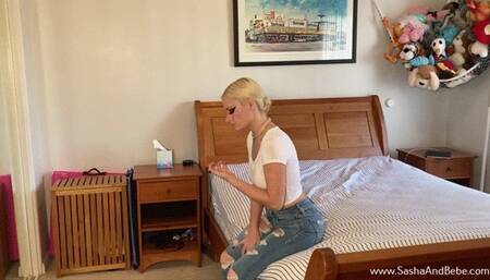 Hiding under the bed while girls jump in Jeans