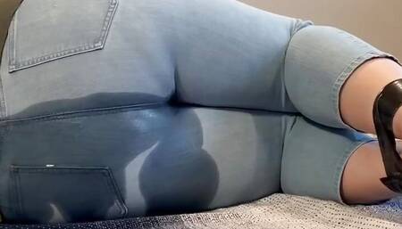 Tied up Girl Can't Hold it Anymore Pees in Light Jeans