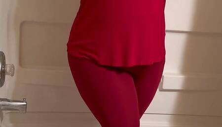 Hot girl desperate to pee in tight red yoga pants