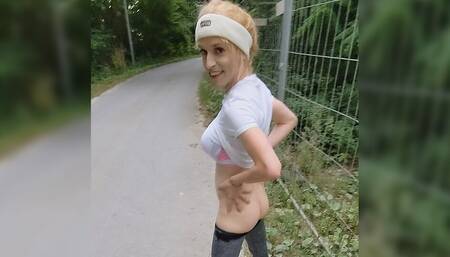 Tranny jogging nude in public! After blowjob with cum on ass around town!
